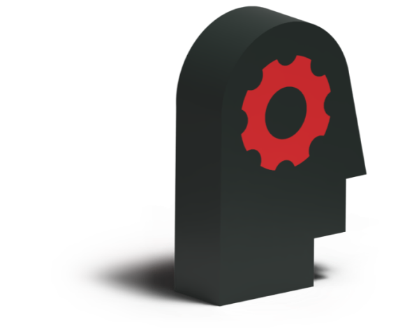 A 3D silhouette of a black head with a red gear.