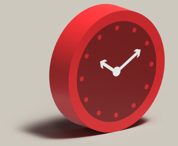 A 3D red clock with white arms pointing to 10 past 10
